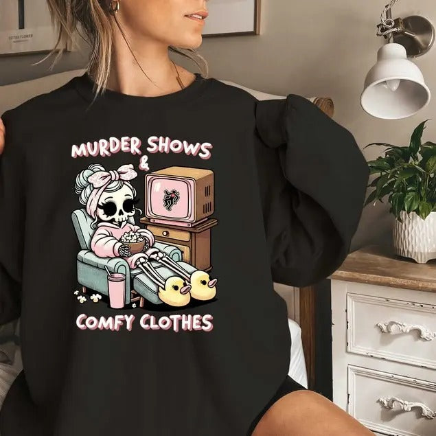 True Crime Halloween Sweatshirt, I Like Murder Shows Comfy Clothes Funny True Crime Gift True Crime Tee Messy Bun Hoodie