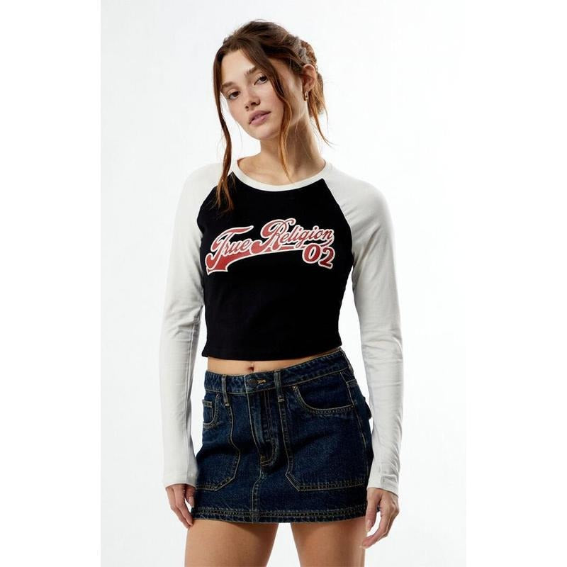 True Religion Women's Contrast Long Sleeve Raglan T-Shirt Hoodie, Sweatshirt | PrintMintTees.com