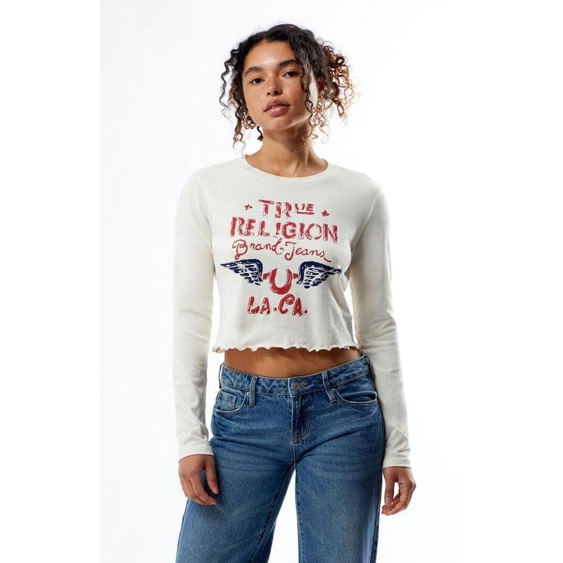 True Religion Women's Distressed Wing Long Sleeve Baby T-Shirt Hoodie Sweatshirt | PrintMintTees.com
