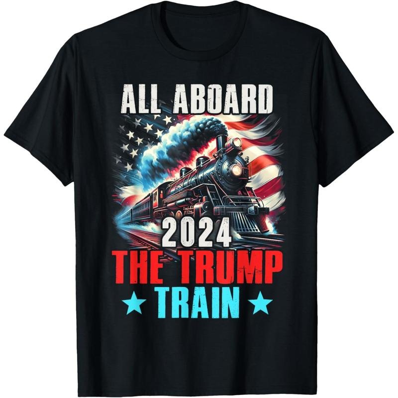 Trump 2024 All Aboard The Trump Train US American Flag T-Shirt made in usa Hoodie Sweatshirt | PrintMintTees.com