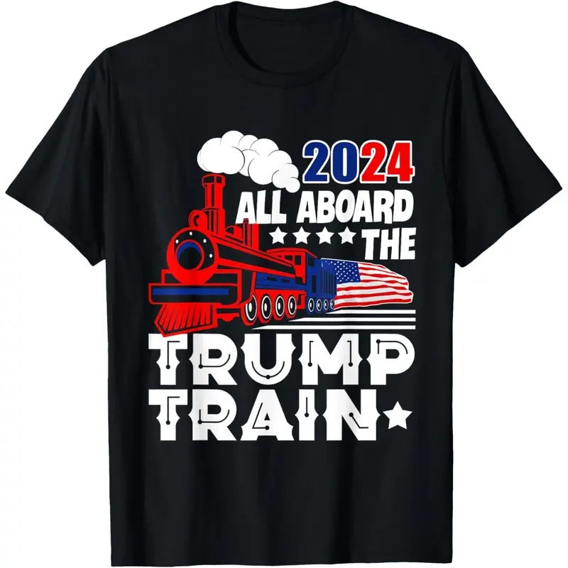 Trump 2024 All Aboard The Trump Train USA American Flag T-Shirt made in usa Hoodie Sweatshirt | PrintMintTees.com