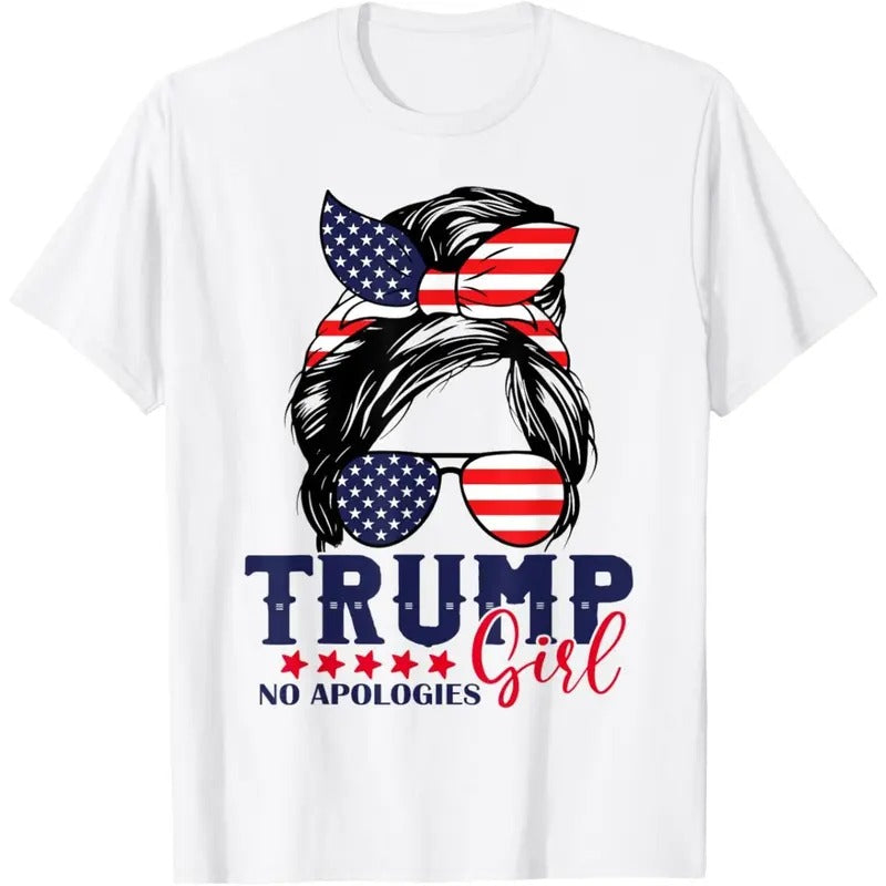 Trump Girl No Apologies Messy Bun Trump 2024 American Flag T-Shirt made in usa Hoodie Sweatshirt | PrintMintTees.com