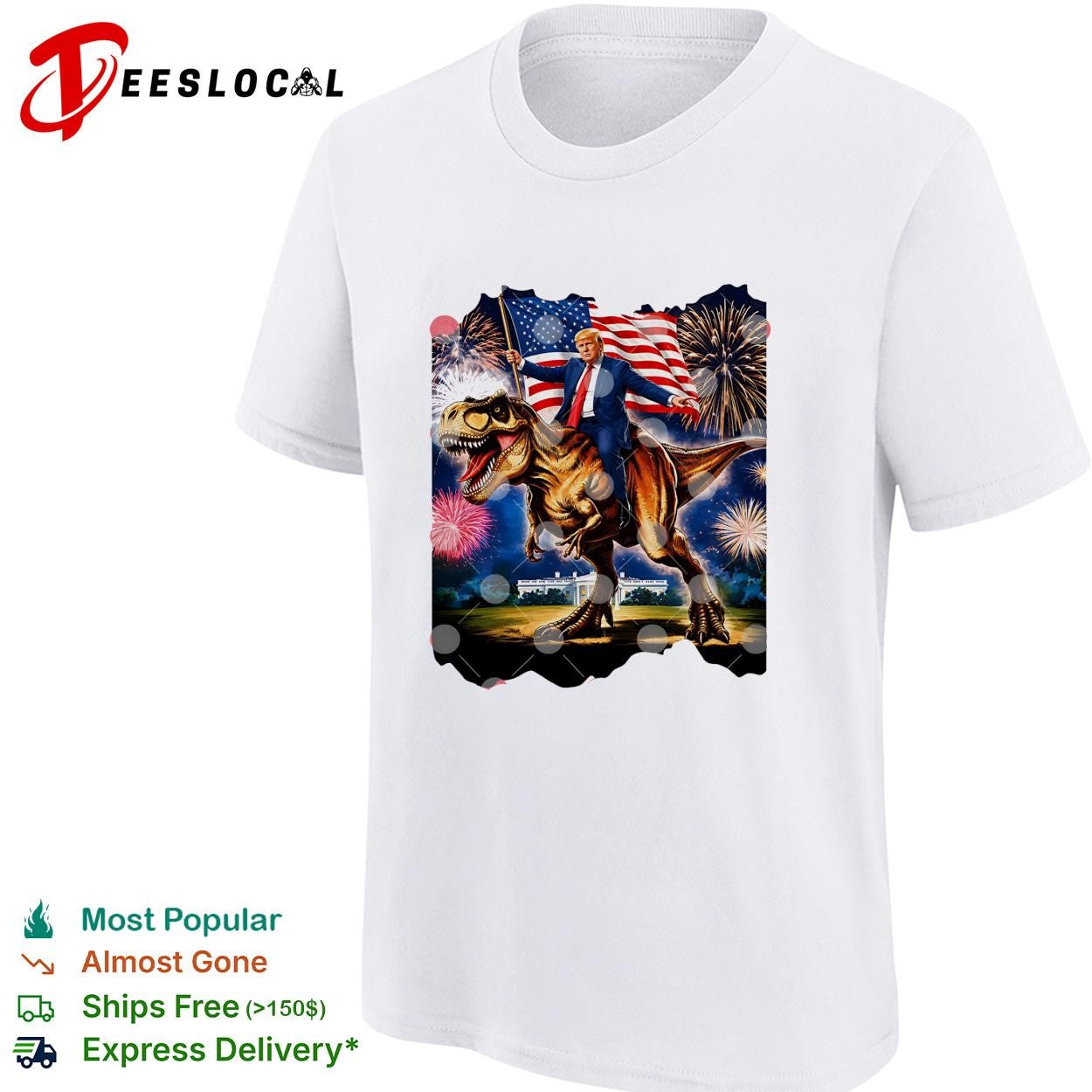 Trump Riding T-Rex American Flag Fireworks 4th Of July shirt