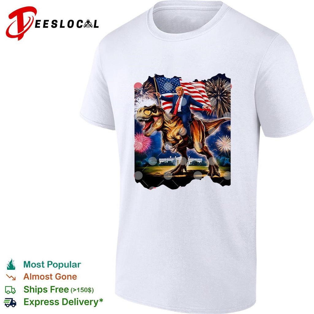 Trump Riding T-Rex American Flag Fireworks 4th Of July shirt