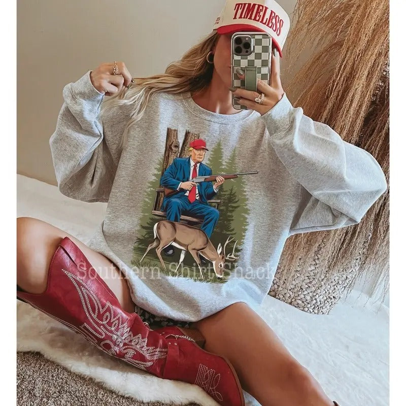 Trump goes deer hunting Sweatshirt | Ash Gray Sweatshirt Shirt Hoodie | PrintMintTees.com