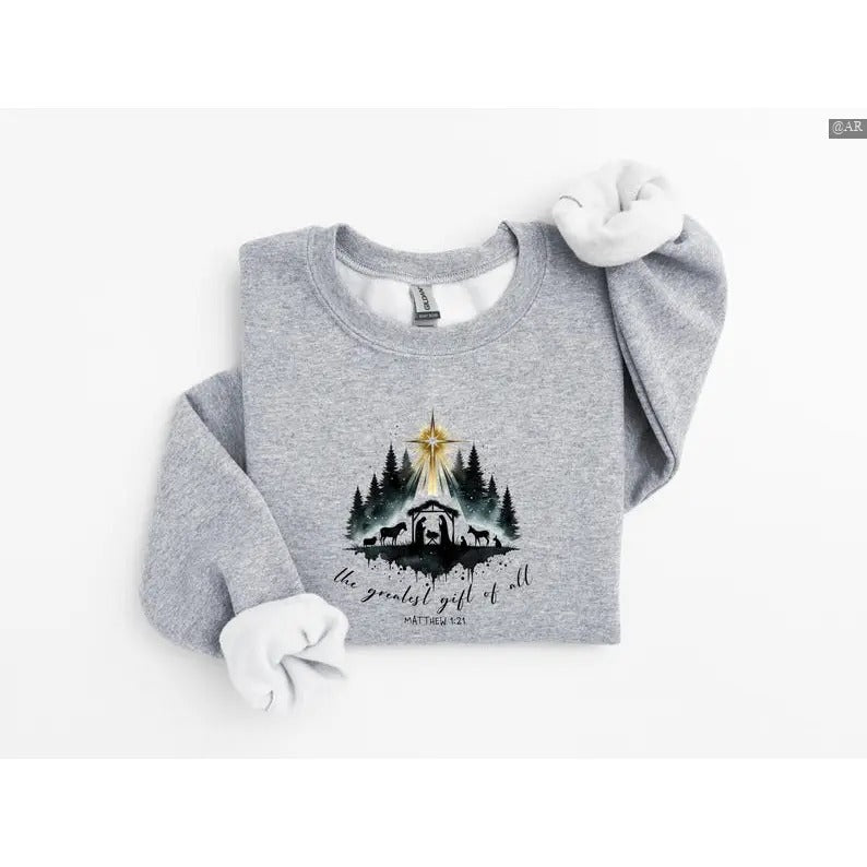 Greatest Gift of all, Nativity Sweatshirt/Hoodie/Tshirt, Christian Christmas Sweatshirt, Retro Crewneck, Gift For Lovers,...