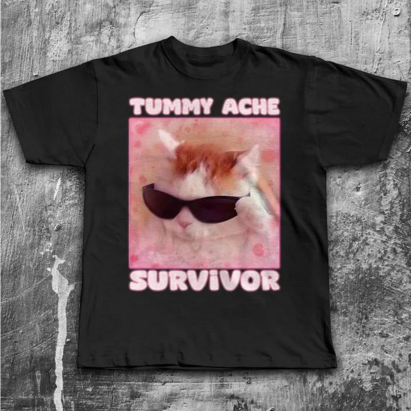 Tummy Ache Survivor Funny Cat Meme T-shirt Gift for Woman Goofy Ahh Cats Tee Shirt Trendy Summer Clothes Ironic T-shirt Silly Stupid Cat Tee