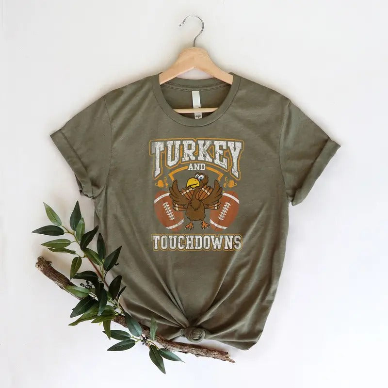 Turkey Football Shirt - Casual Short Sleeve T-Shirt with Turkey Graphic and "TOUCHDOWNS" Text, Perfect for Thanksgiving...