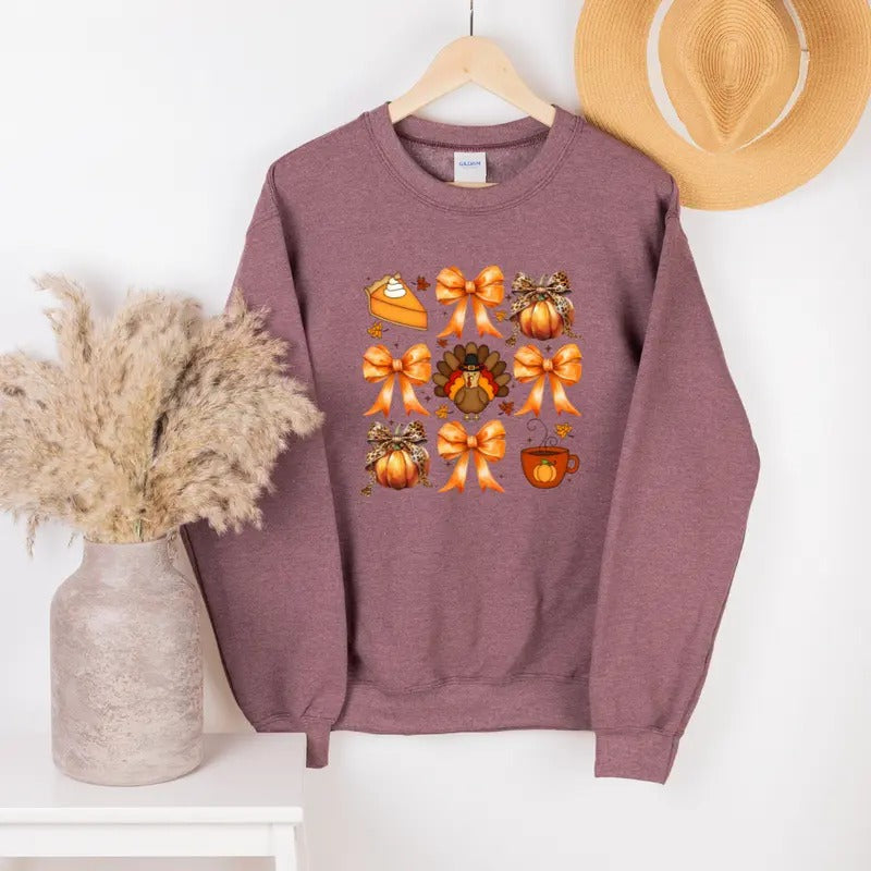 Turkey, Pumpkins, and Bows Sweatshirt, Thanksgiving Shirt , Thanksgiving Tee, Turkey T-shirt, Cute Fall Sweatshirt, Full...