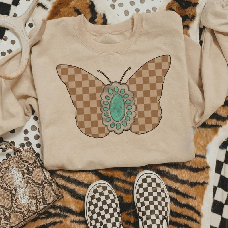 Turquoise & Tan Checkered Butterfly Sweatshirt, vintage crewneck sweatshirts, western outfit women, cowgirl outfits,...
