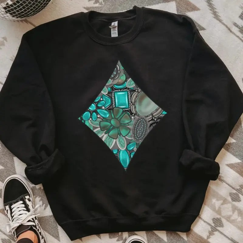 Turquoise Diamond Crewneck sweatshirt, graphic tees women, western outfits women, western tops clothing, rodeo cowgirl...