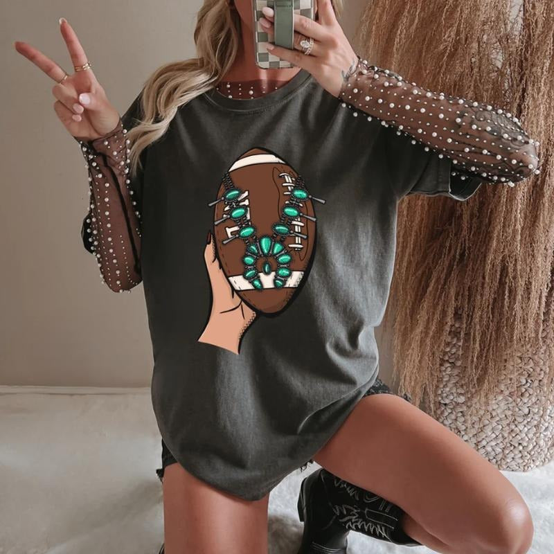 Turquoise Football T-shirt, vintage crewneck sweatshirts, western outfit women, cowgirl outfits, western clothing stuff...
