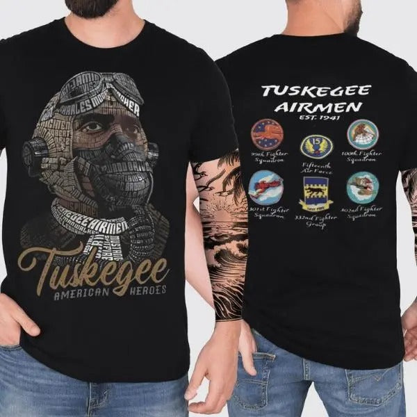 Tuskegee American Heroes 2 Sides T-shirt, Tuskegee Airmen Red Tails World War 2 Commemorative Tee, Men's Streetwear Tops...