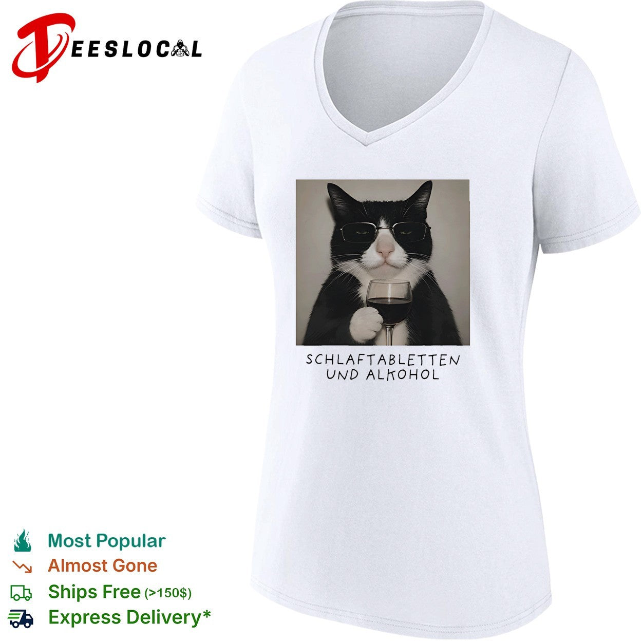 Tuxedo cat wine glass deadpan German caption shirt