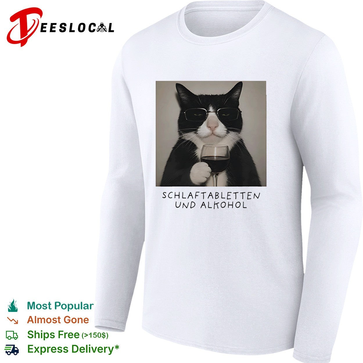 Tuxedo cat wine glass deadpan German caption shirt
