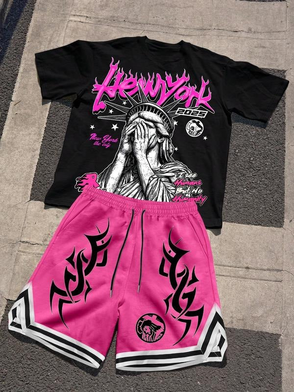 Two-Piece Set Men's Casual Letter Graphic Round Neck Shortsleeve T-Shirt And Shorts Set, Summer Graphic Tees Streetwear...