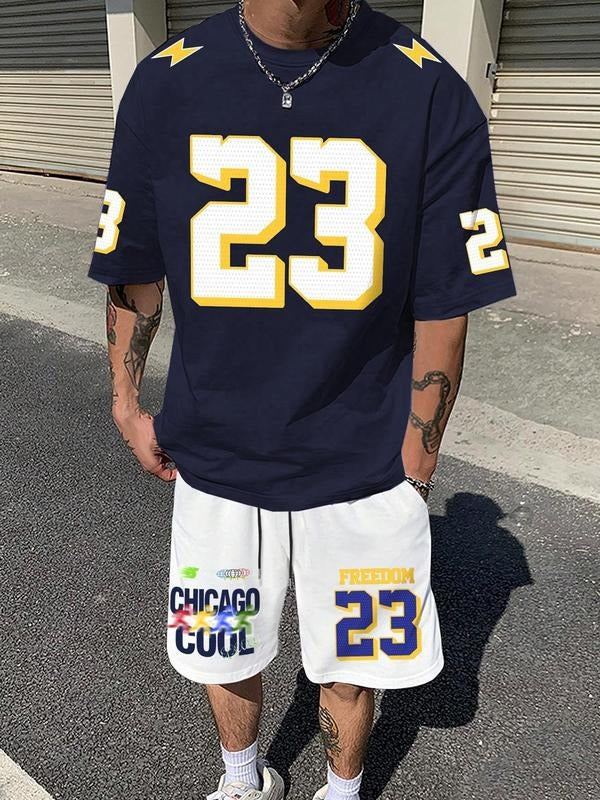Two-Piece Set Men's Number Print Short Sleeve Tee & Shorts Set, Regular Fit Casual Round Neck T-shirt & Track Shorts,...