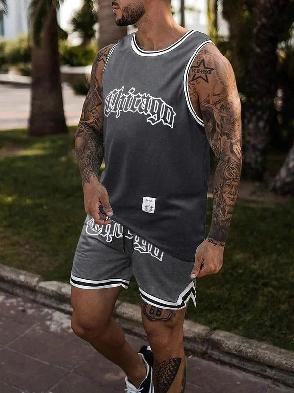 Two-Piece Set Men's Regular Fit Letter Print Short Sleeve Graphic Tee & Shorts, Casual Round Neck T-shirt & Shorts,...