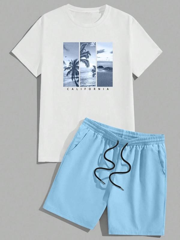 Two-Piece Set Men's Regular Fit Palm Tree Print Tee & Shorts Set, Casual Short Sleeve T-shirt & Shorts, Men's Summer...