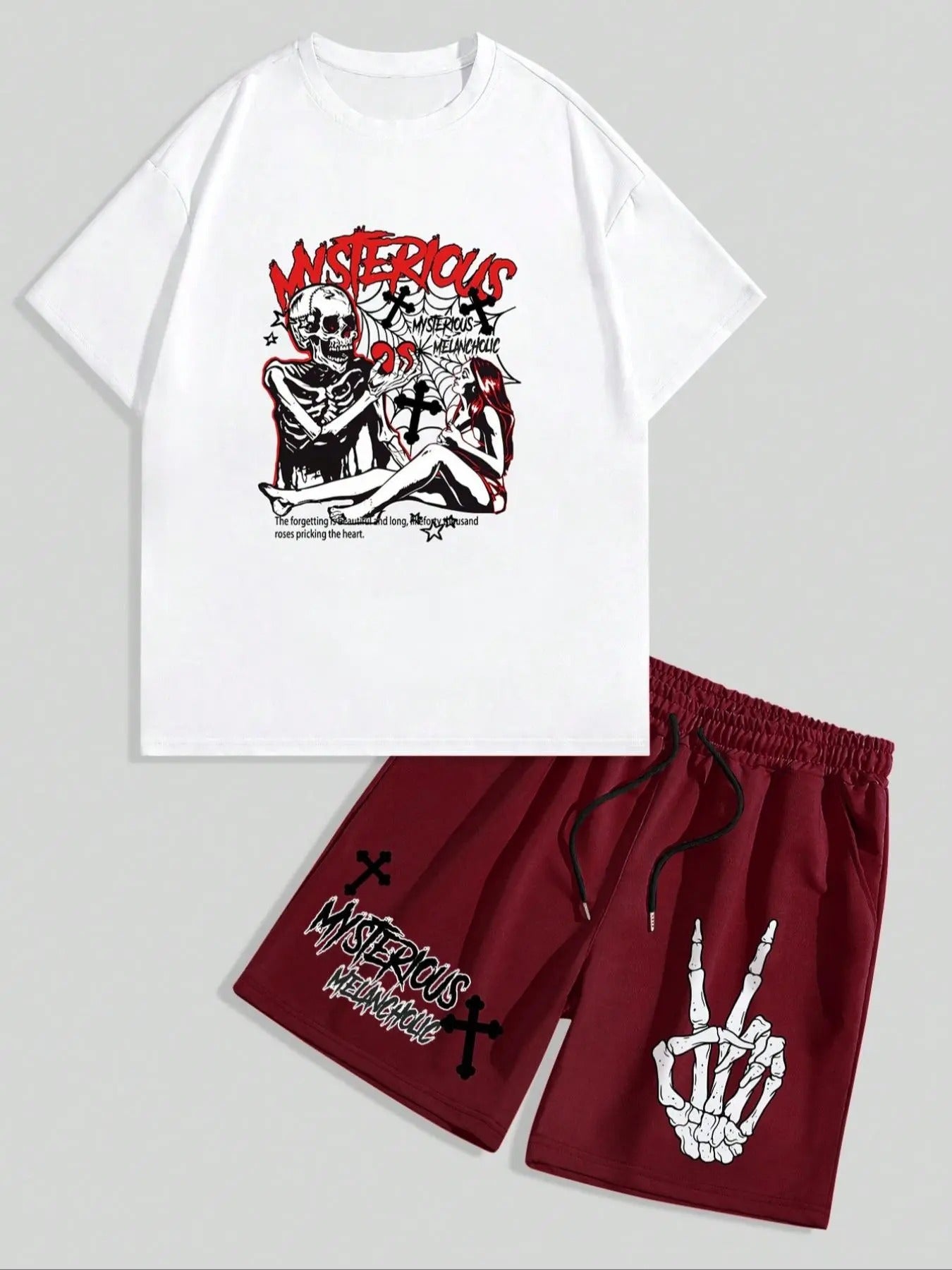 Two-Piece Set Men's Skull Graphic Tee & Drawstring Waist Shorts Set, Regular Fit Casual Fashion Cozy Round Neck Short...