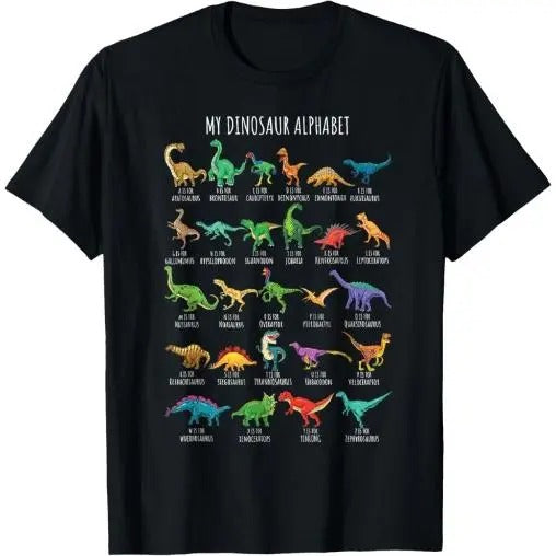 Types Of Dinosaurs Alphabet A-Z ABC Dino Identification Short Sleeve T-Shirt Made in USA Hoodie Sweatshirt