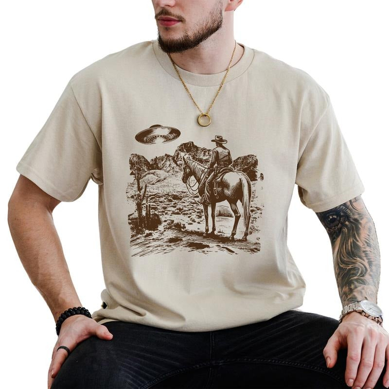 UFO Western Retro Cowboy Shirt Vintage Cowboy Printed Shirt Rodeo Wild West Retro Western Comfy Fabric Top Him Soft Cotton Fabric Relaxed Fit Chic T-Shirts, Hoodie, Sweatshirt