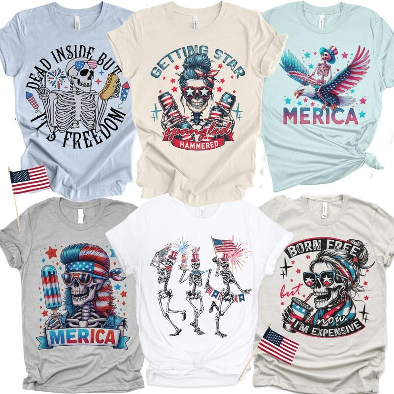 USA 4th of July Skull Tshirts Merica Skull Patriotic Tees Born Free Skeleton Rocker Tops USA Merica Skeleton T-Shirts...