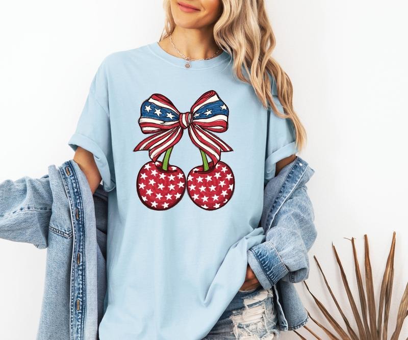 USA Cherries and Bow Comfort Colors tee Shirt Casual Vintage Breathable Top Hoodie, Sweatshirt | PrintMintTees.com