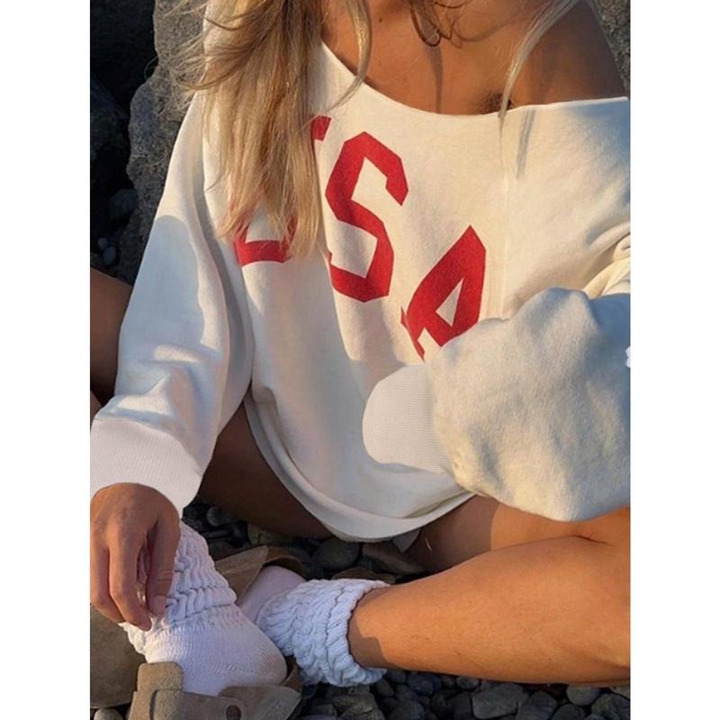 USA Flag Independence Day Shirt Letter Graphic Print Long Sleeve Asymmetrical Neck Sweatshirts Hoodie | PrintMintTees.com