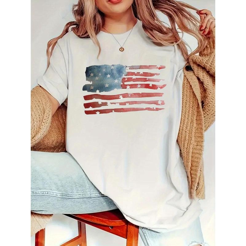 USA Flag Print Solid T-Shirt, Crew Neck Short Sleeve Casual Top for Summer & Spring, Women's Clothing style 02 Hoodie...