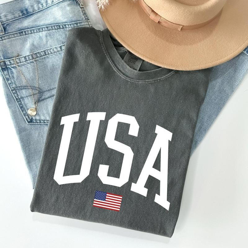 USA Flag, America, Patriotic, White, 4th of July Tshirt, Women's Crew Neck, Crewneck Hoodie, Sweatshirt | PrintMintTees.com