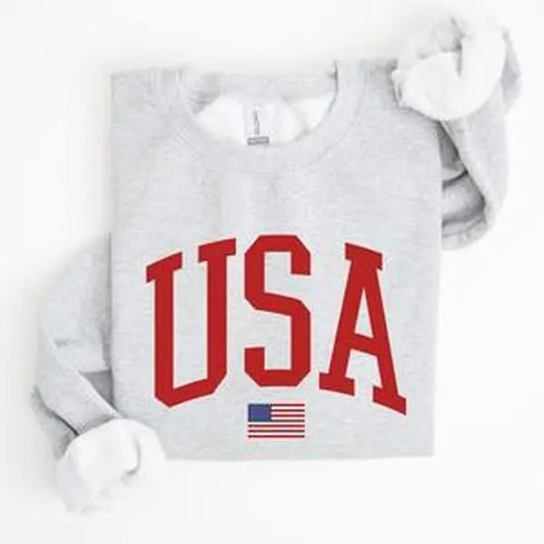 USA Flag, Red, America, Patriotic, 4th of July Sweatshirt, Women's Crew Neck, Crewneck Shirt Hoodie | PrintMintTees.com