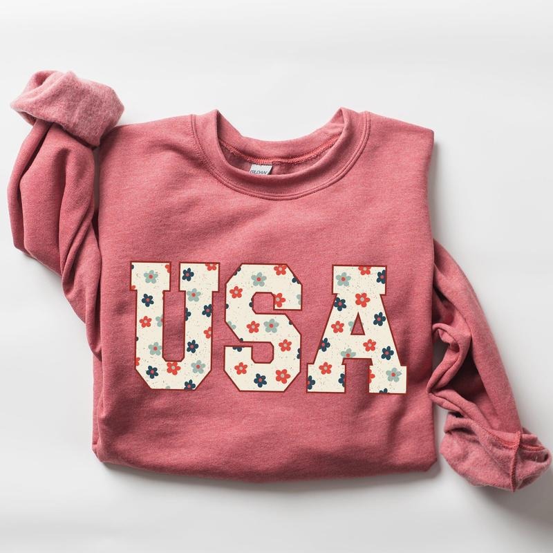 USA Flowers, Minimalist, Patriotic, America, 4th of July Sweatshirt, Crew Neck, Women's, Crewneck Shirt Hoodie
