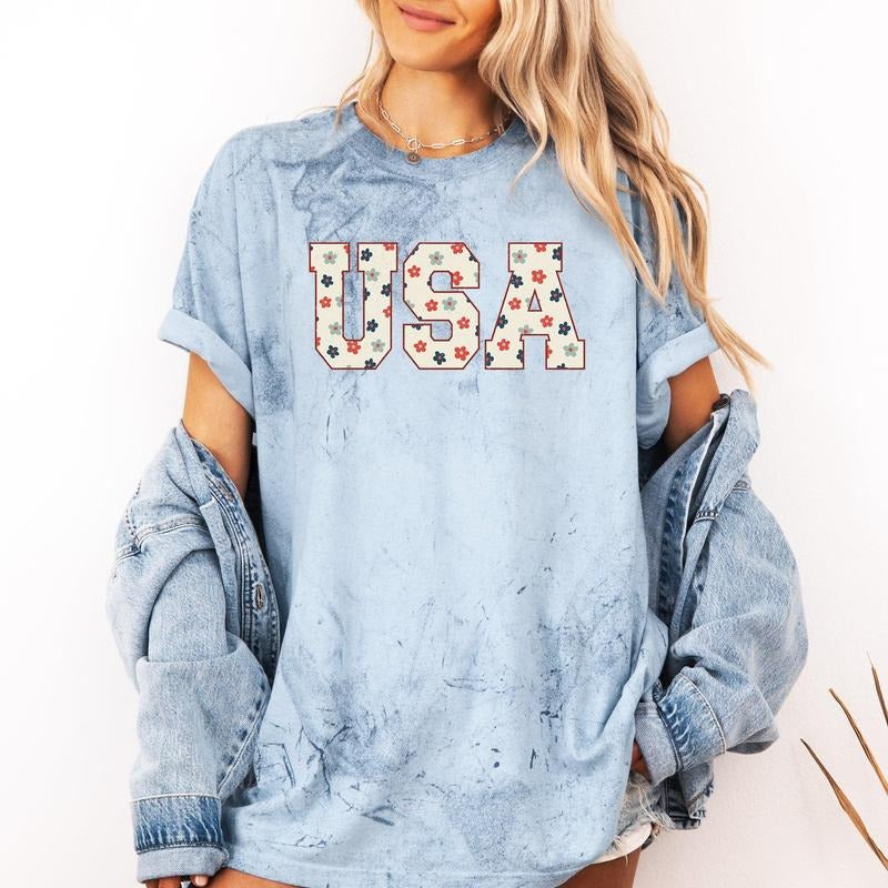 USA Flowers, Minimalist, Patriotic, America, 4th of July, Color Blast Tshirt Comfort Colors T-Shirt, Women's Comfort...