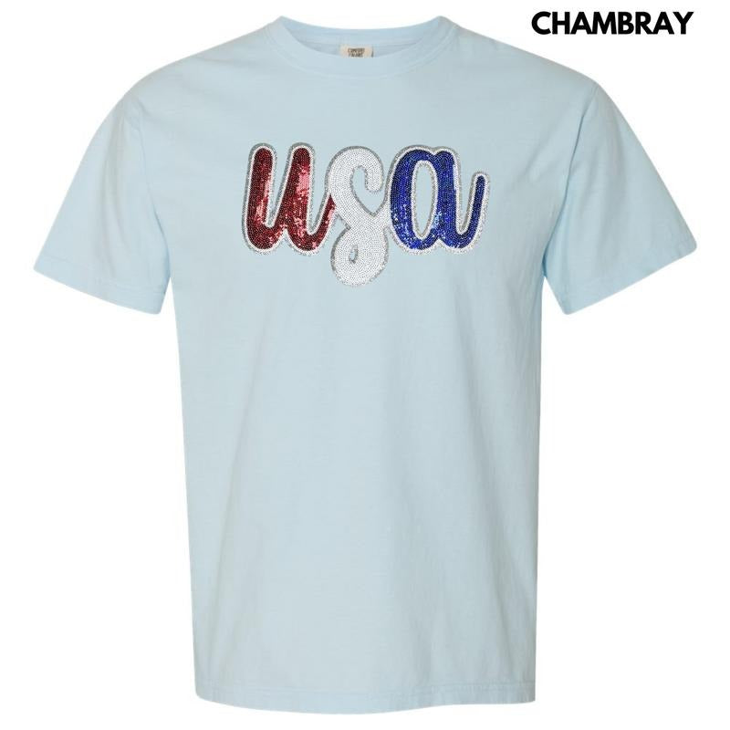 USA Red White & Blue Sequin Patch Comfort Colors T-Shirt Hoodie, Sweatshirt | PrintMintTees.com