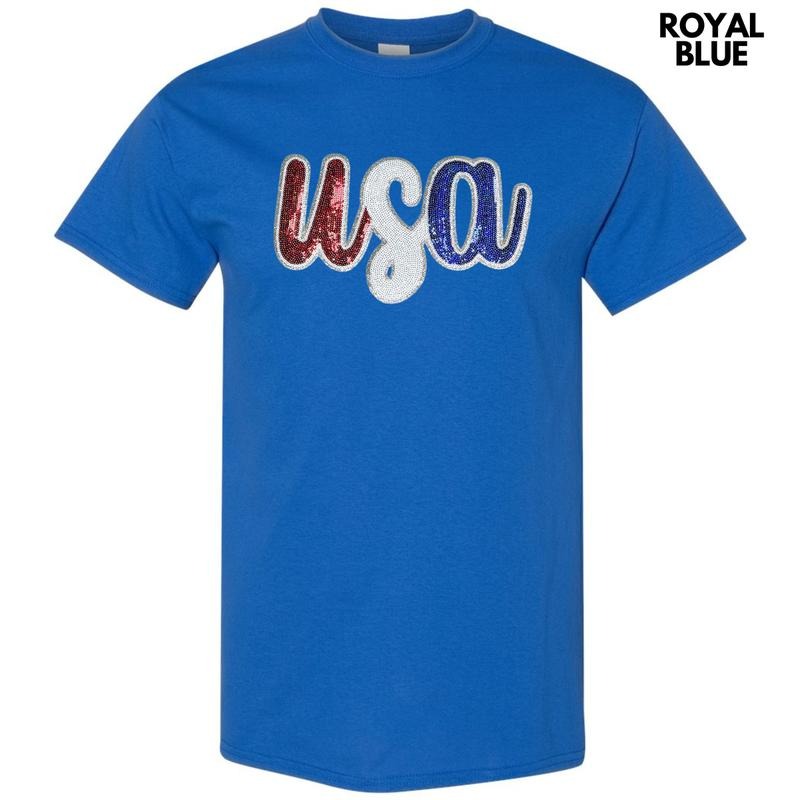 USA Red White & Blue Sequin Patch Gildan Short Sleeve T-Shirt Hoodie, Sweatshirt | PrintMintTees.com