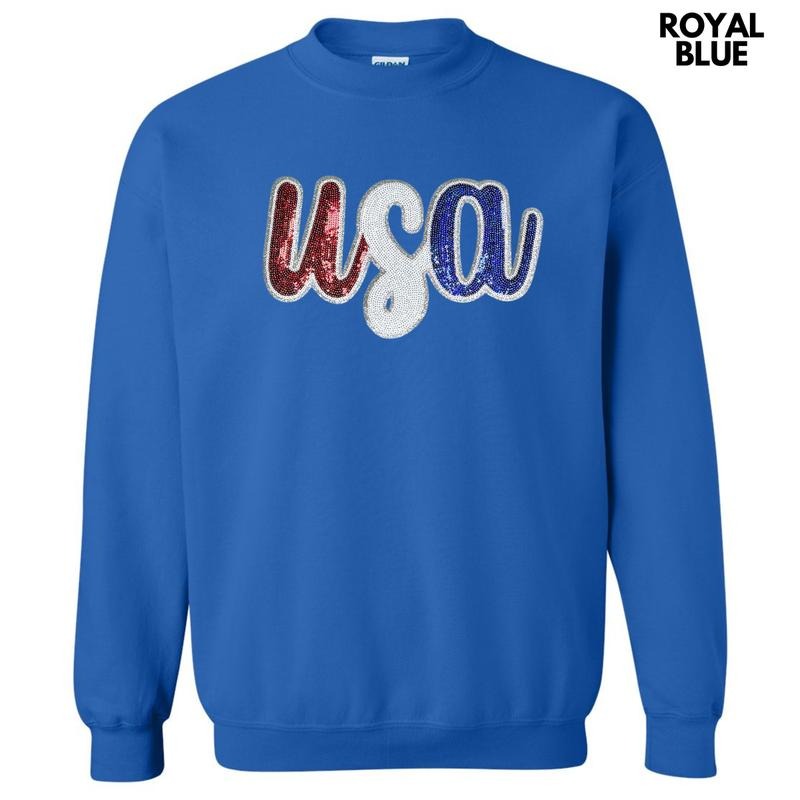 USA Red White & Blue Sequin Patch Sweatshirt Shirt Hoodie | PrintMintTees.com