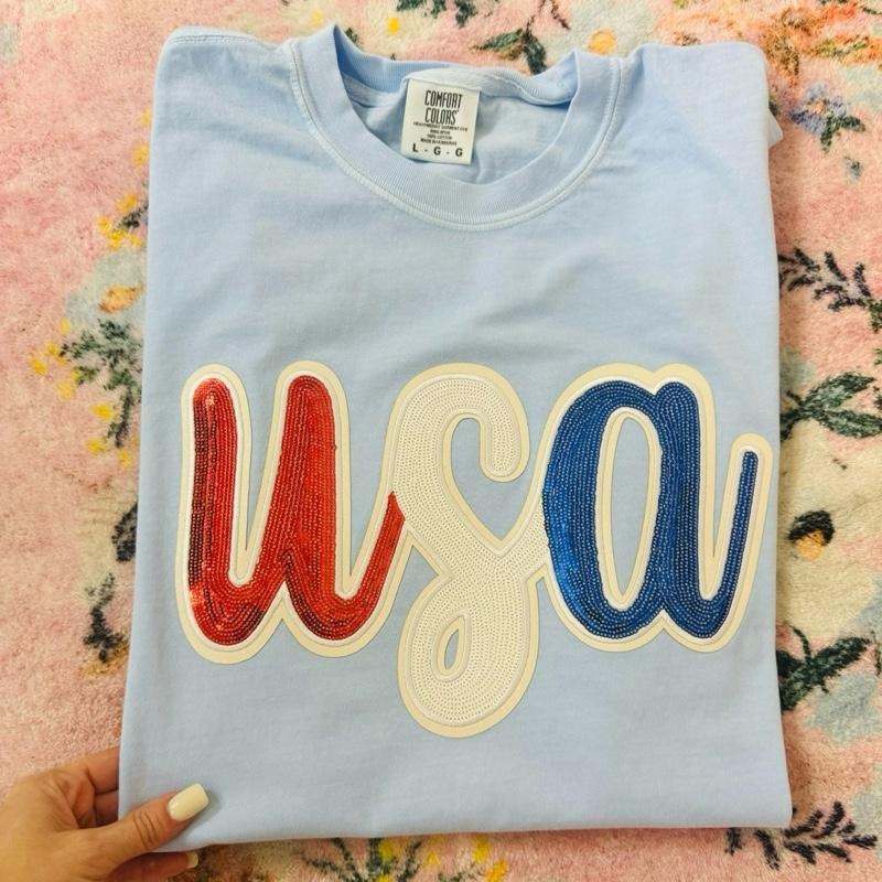 USA sequin patch T shirt  | light blue comfort colors t shirt | 4th of July patriotic graphic tee Hoodie Sweatshirt