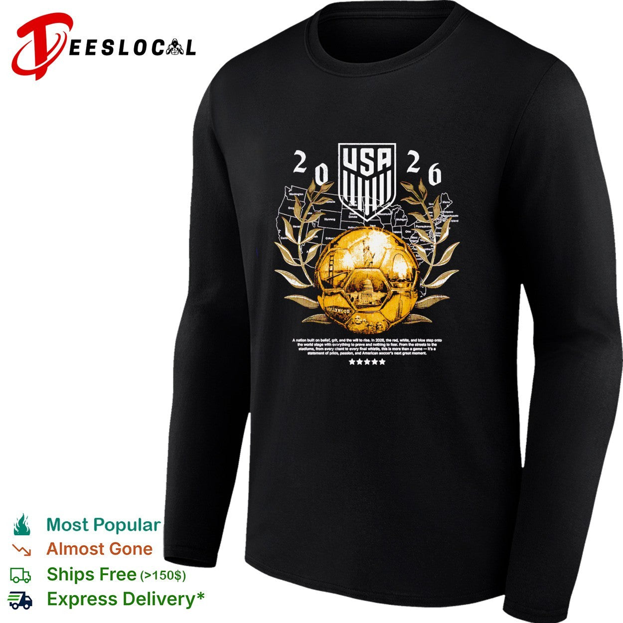 USA soccer 2026 gold emblem shirt