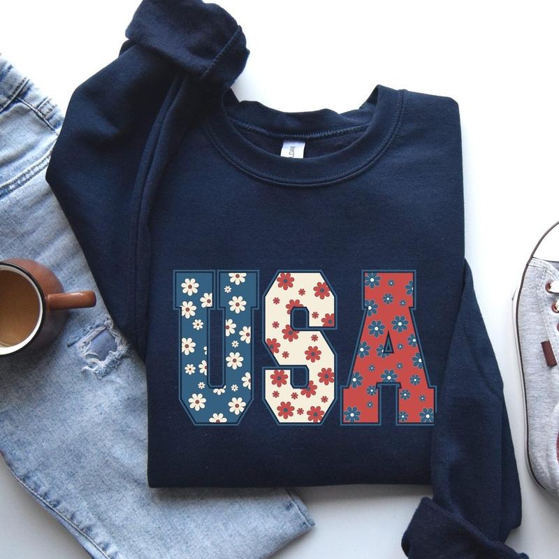 USA, Floral Print, Patriotic, America Flag Sweatshirt, Women's Crew Neck, Crewneck T-Shirts, Hoodie | PrintMintTees.com