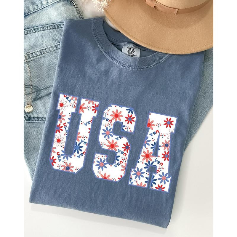 USA Floral Flowers America Patriotic Summer 4th July Independence Day Shirt Comfort Color Shirt Hoodie Sweatshirt