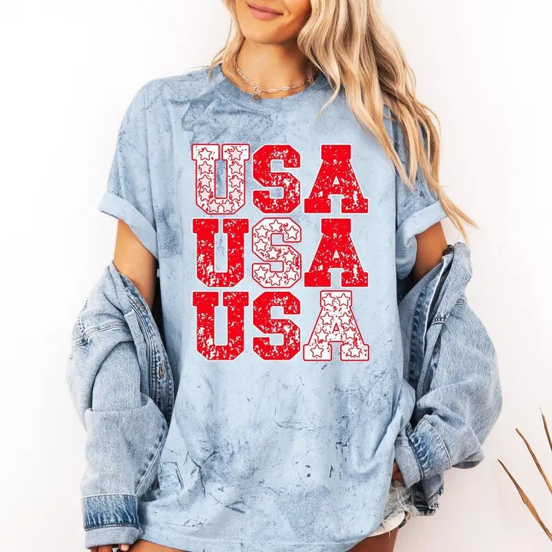 USA, Retro Patriotic, America, Stars, Red, 4th of July, Color Blast Tshirt Comfort Colors T-Shirt, Women's Comfort Colors...