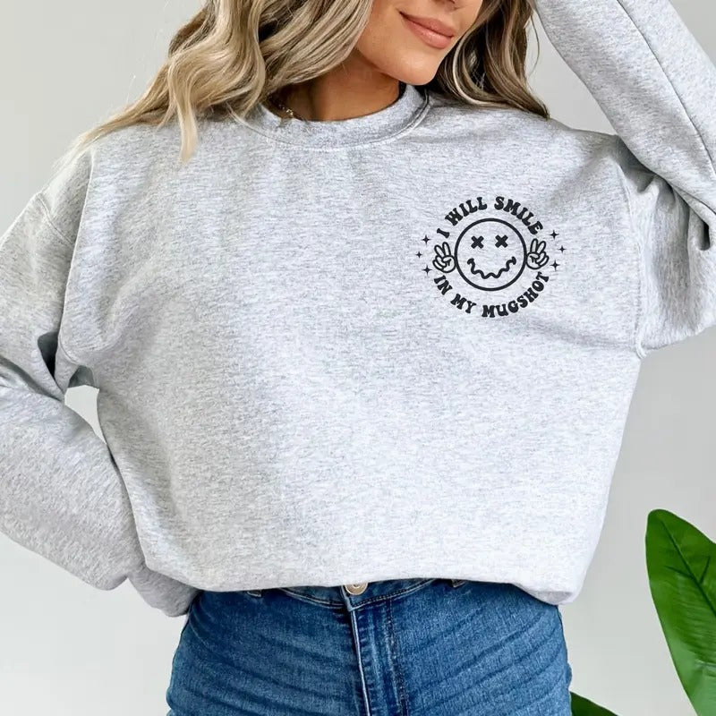Unique 'Smile in My Mugshot' Pocket and Back Graphic Sweatshirt - Edgy Statement Apparel