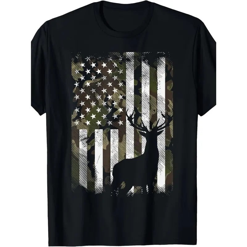 Unique Camouflage American Flag Deer Elk Stag Short Sleeve T-Shirt for Hunting Hunter Dad Gift  made in usa Hoodie Sweatshirt