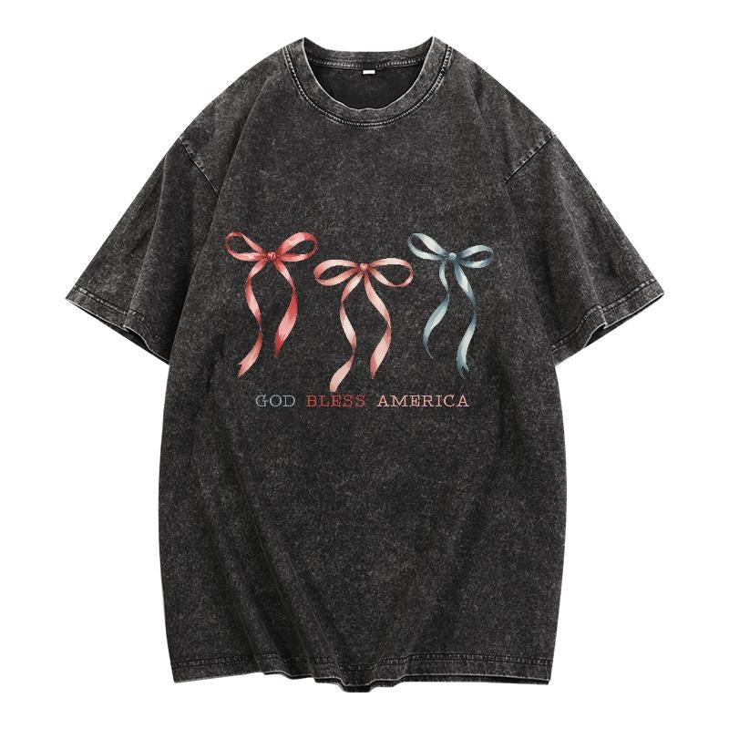 Unique Ribbon - Embellished Washed T - Shirt with 'God Bless America' Motif style 02 Hoodie Sweatshirt | PrintMintTees.com