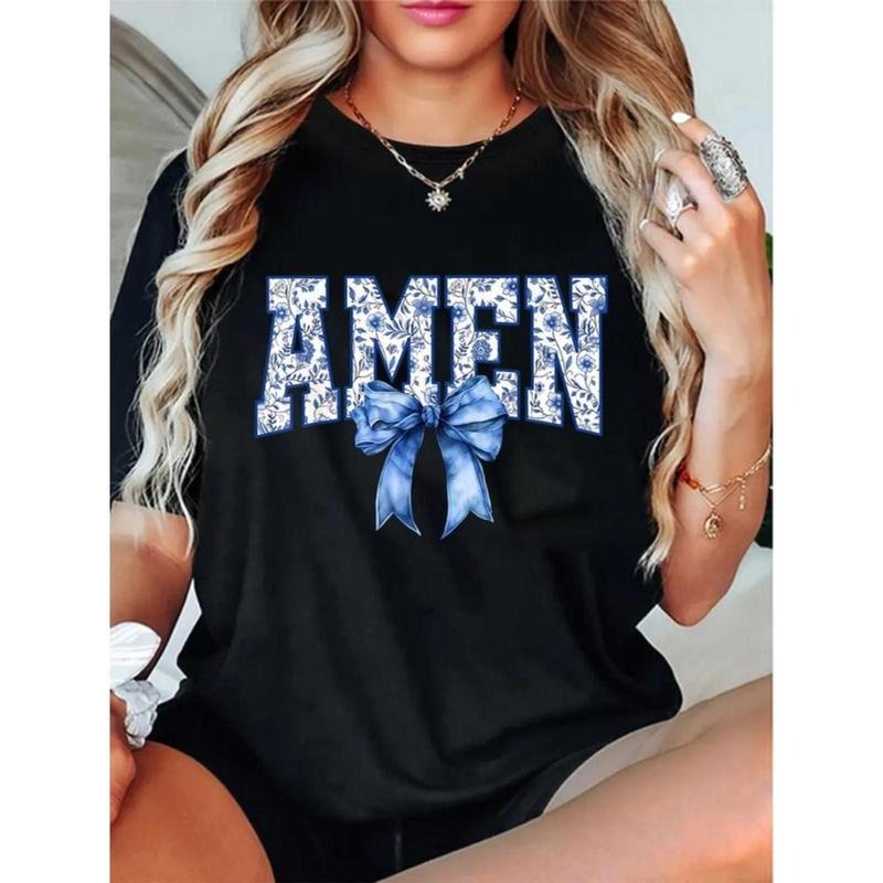 Unisex Amen Floral Toile Blue Bow Religious Faith Jesus TShirt Christ Christian Tops Casual Top Hoodie Sweatshirt