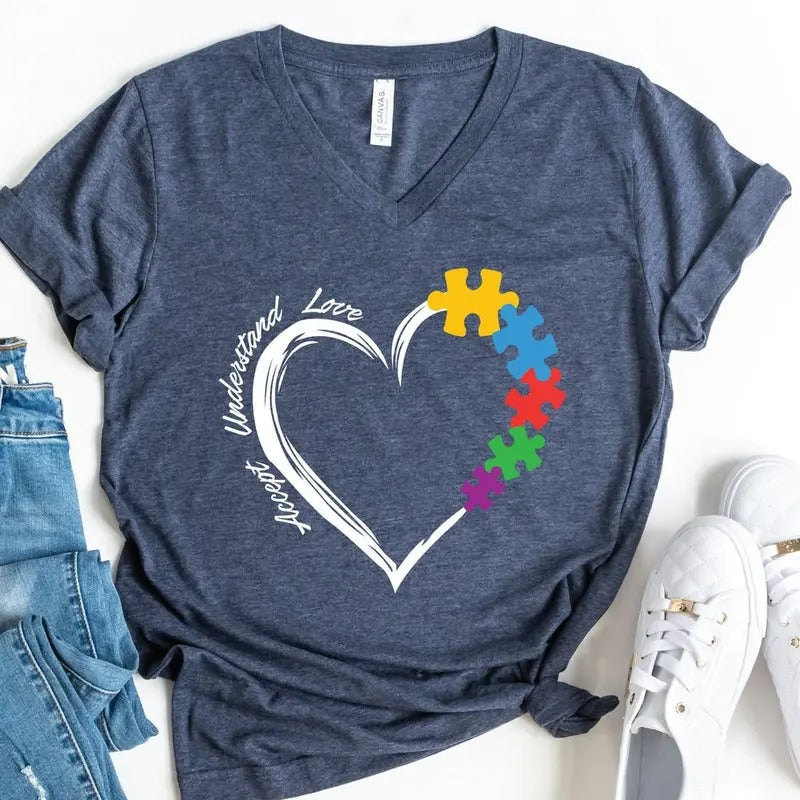 Unisex Autism Neck Shirt, Accept Understand Love Shirt Hoodie Sweatshirt | PrintMintTees.com