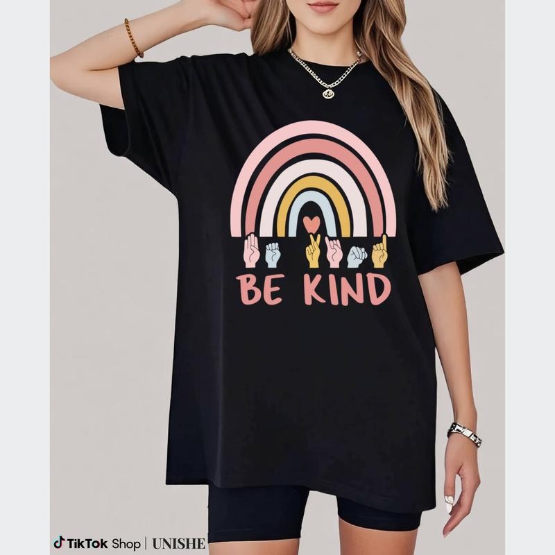 Unisex Be Kind ASL Deaf Teacher T-Shirt, 100% Cotton Casual Short Sleeve Top Hoodie Sweatshirt | PrintMintTees.com