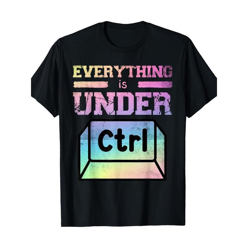 Unisex Cotton Casual T-Shirt with "Everything is Under Ctrl" Geometric Print, Round Neck, Stretch Fabric, Ideal for...