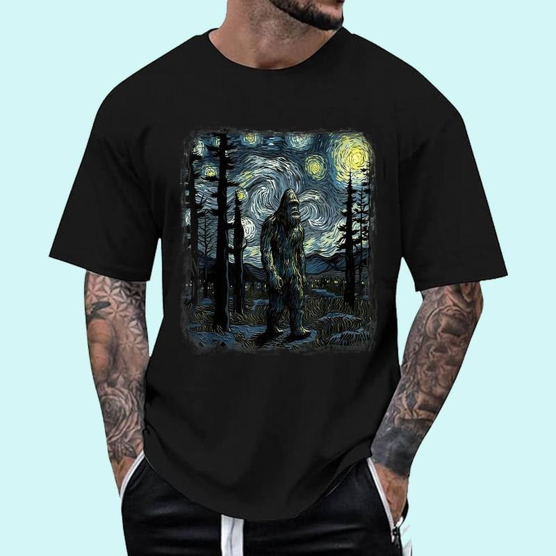 [Unisex Cotton Shirt] Bigfoot Starry Night Sasquatch Van Gogh Sky Painting Art T-Shirt Hoodie Sweatshirt | PrintMintTees.com
